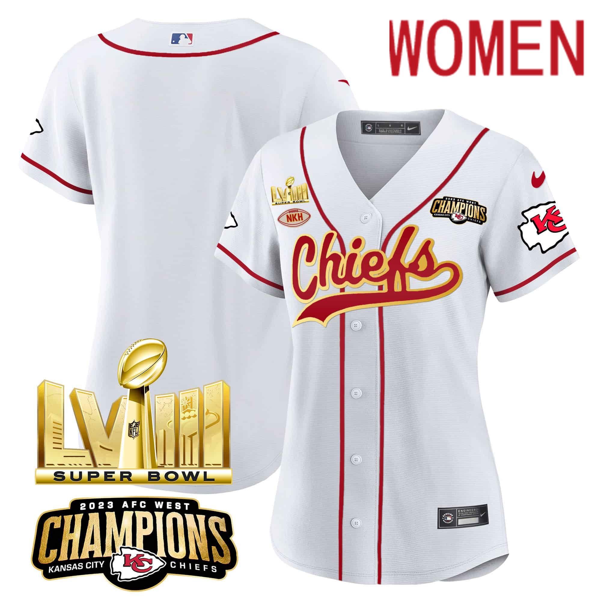 Women Kansas City Chiefs Blank White 2024 Nike Super Bowl LVIII Back-2-Back Gold Patch Baseball NFL Jersey->customized nfl jersey->Custom Jersey